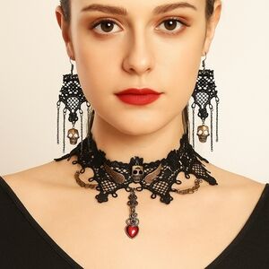 Matching Set Victorian Gothic Lace Choker Skull Wings Necklace Earring Jewelry